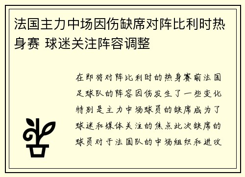 法国主力中场因伤缺席对阵比利时热身赛 球迷关注阵容调整