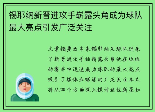 锡耶纳新晋进攻手崭露头角成为球队最大亮点引发广泛关注