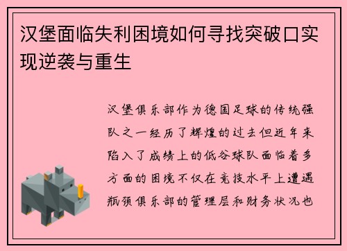 汉堡面临失利困境如何寻找突破口实现逆袭与重生