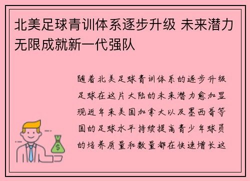 北美足球青训体系逐步升级 未来潜力无限成就新一代强队