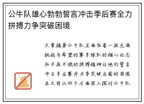 公牛队雄心勃勃誓言冲击季后赛全力拼搏力争突破困境